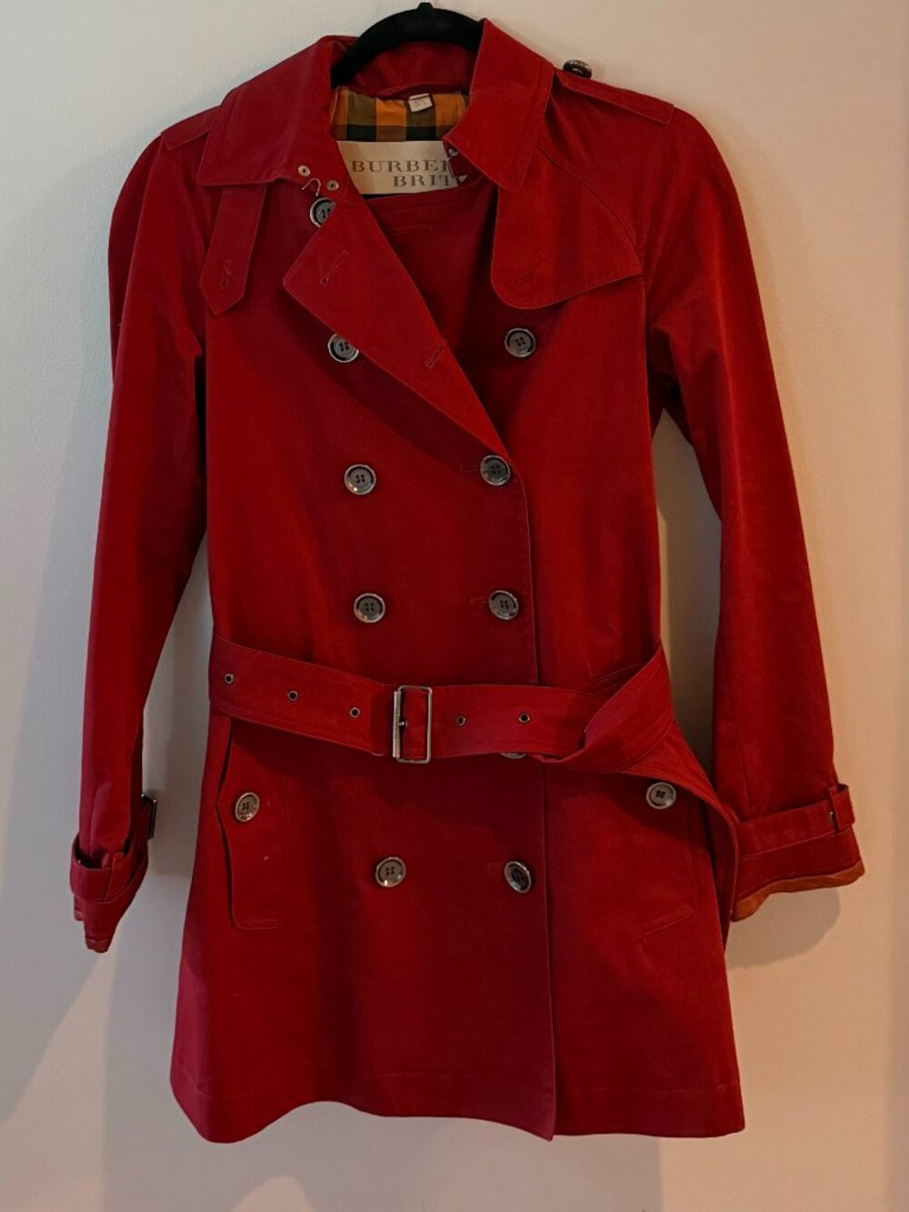 Burberry Brit Red Double Breasted Belted Trench Coat Nova Check US 4